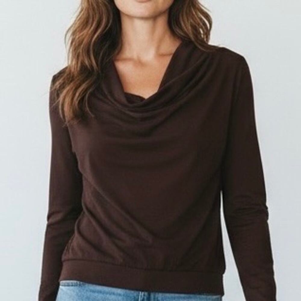 Lafayette 148 New York Brown Slinky Knit Top size 1X pleated V Neck 3/4 Sleeve